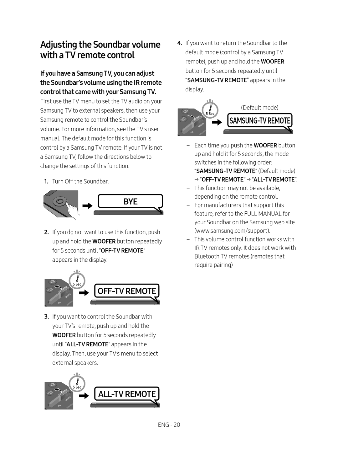 Samsung HW-N650/ZF manual Adjusting the Soundbar volume with a TV remote control, → Off‑Tv Remote → All‑Tv Remote 